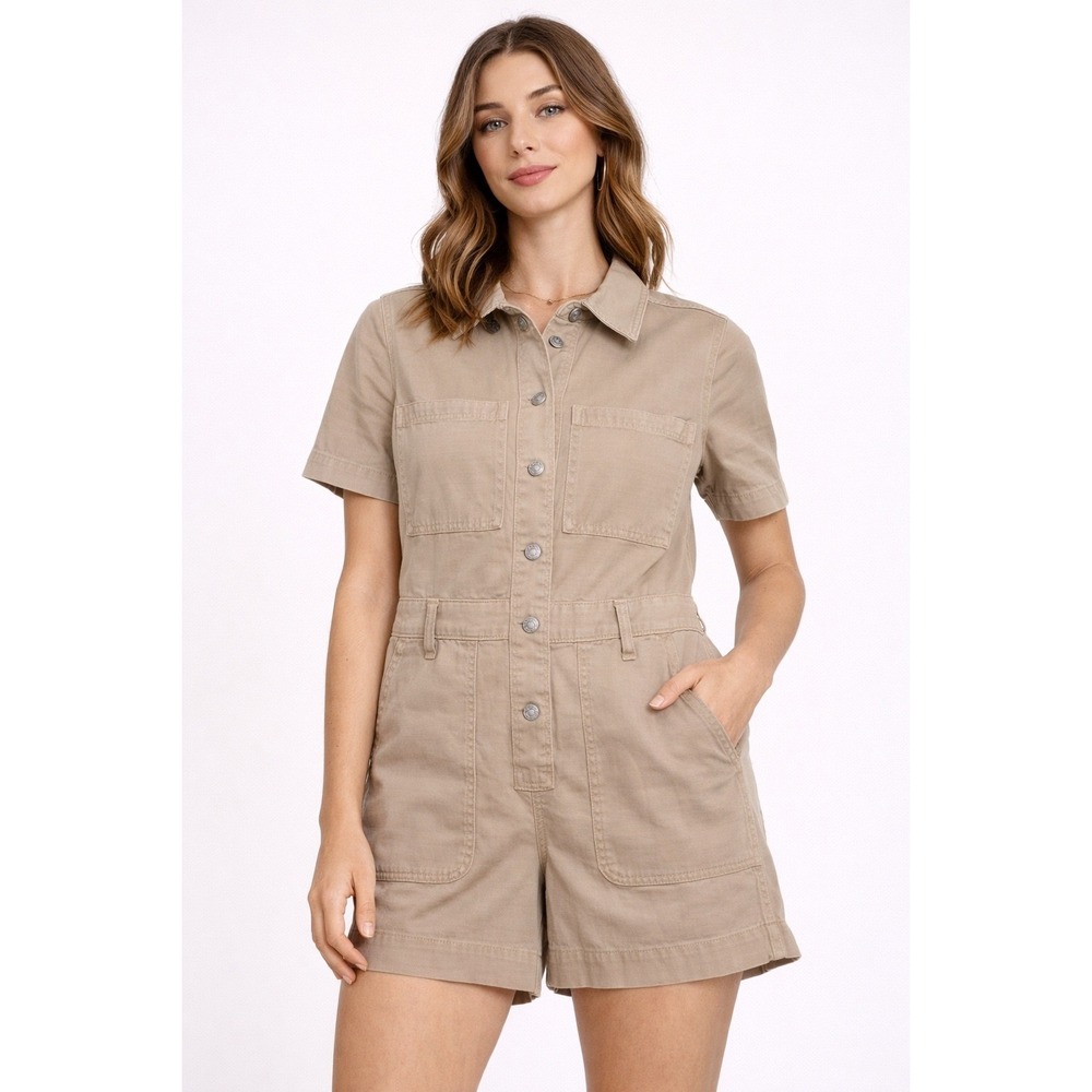 Madewell‎ Utility Jumpsuit Tan Short Sleeve Button Front Pockets Women Size S